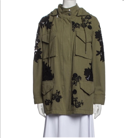Alice Olivia trench coat, olive green with black embroidery